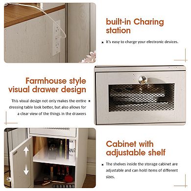 Large Vanity Desk with Mirror & Lights, 5 Drawers & Hidden Storage, Charging Station, White