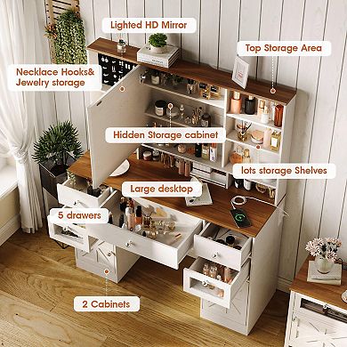 Large Vanity Desk with Mirror & Lights, 5 Drawers & Hidden Storage, Charging Station, White