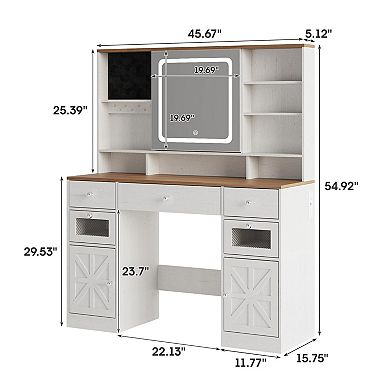 Large Vanity Desk with Mirror & Lights, 5 Drawers & Hidden Storage, Charging Station, White