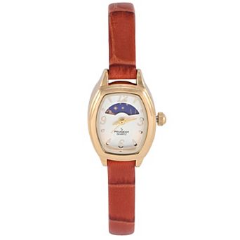 Peugeot Womens 30x20mm Moon Phase Dial Watch with Slim Leather Strap