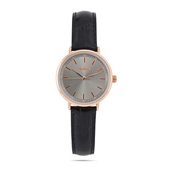 Peugeot Womens 30mm Rose Gold Case Watch with Black Genuine Leather Band