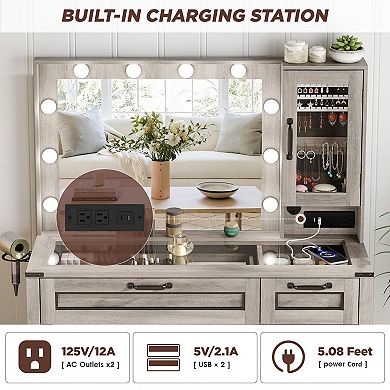 Grey Vanity Desk with Lighted Mirror, Glass Top, Jewelry Cabinet, Charging Station & Stool