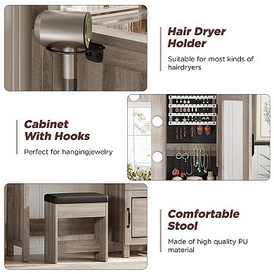 Grey Vanity Desk with Lighted Mirror, Glass Top, Jewelry Cabinet, Charging Station & Stool