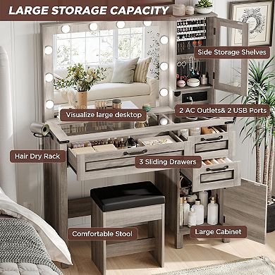Grey Vanity Desk with Lighted Mirror, Glass Top, Jewelry Cabinet, Charging Station & Stool