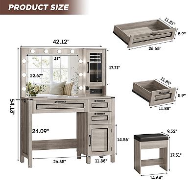 Grey Vanity Desk with Lighted Mirror, Glass Top, Jewelry Cabinet, Charging Station & Stool