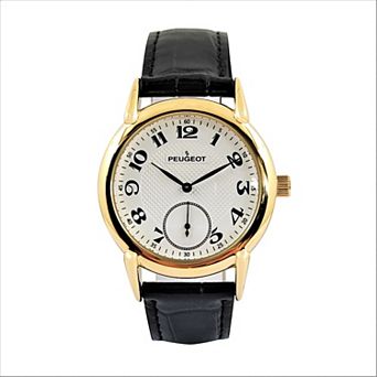 Peugeot Mens Vintage 38mm Round Gold Plated Watch with Black Leather Band