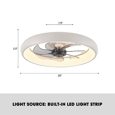 Moooni 20" Smart Indoor Modern White Round Low Profile Dimmable Ceiling Fan with Remote for Bedroom