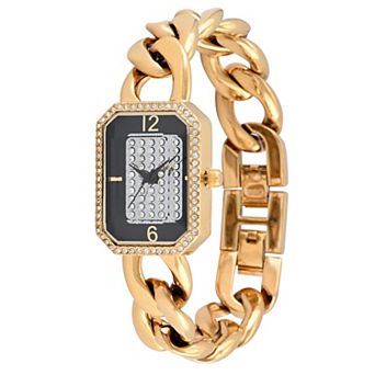Peugeot Womens 14K Gold-Plated Rectangular Link Bracelet Watch-Crystal Studded Face