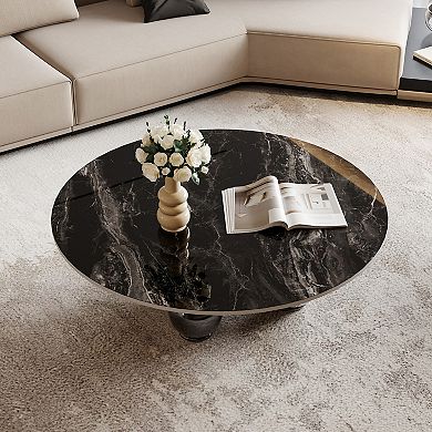 39.4" Modern Round Coffee Table for Living Room, Sintered Stone Coffee Table with Balls Metal
