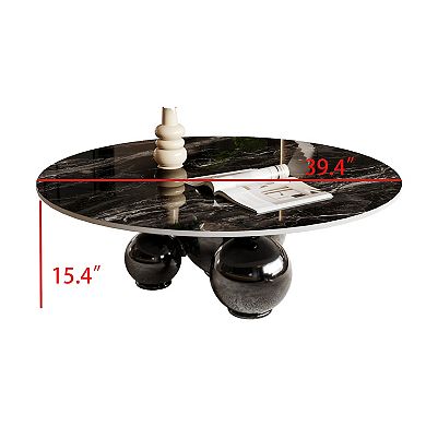 39.4" Modern Round Coffee Table for Living Room, Sintered Stone Coffee Table with Balls Metal