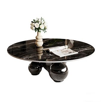 39.4" Modern Round Coffee Table for Living Room, Sintered Stone Coffee Table with Balls Metal