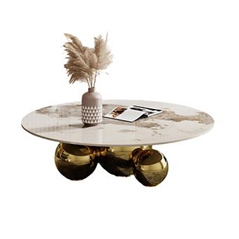 39.4" Modern Round Coffee Table for Living Room, Sintered Stone Coffee Table with Balls Metal
