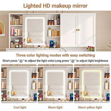 Large Vanity Desk & Nightstand Combo with Sliding Mirror, Lights & Power Outlet, White