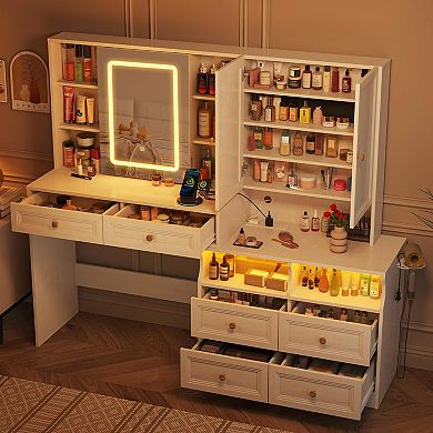 Large Vanity Desk & Nightstand Combo with Sliding Mirror, Lights & Power Outlet, White