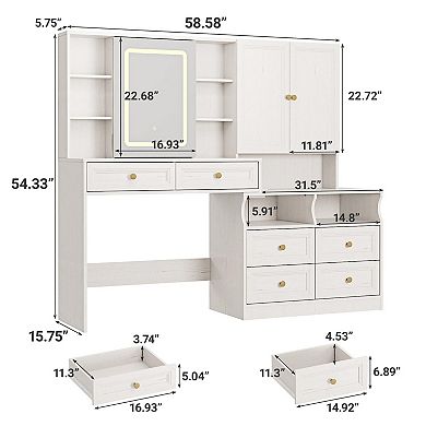 Large Vanity Desk & Nightstand Combo with Sliding Mirror, Lights & Power Outlet, White