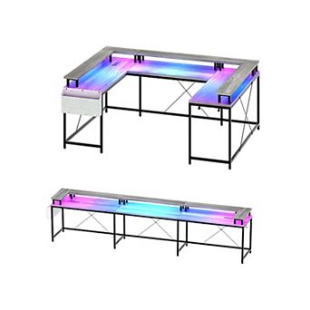 126" Reversible U Shaped Computer Gaming Desk with Power Outlets LED Lights and Monitor Stand