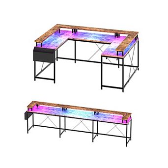 126" Reversible U Shaped Computer Gaming Desk with Power Outlets LED Lights and Monitor Stand