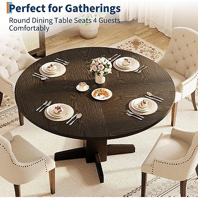 47" Round Dining Table for 4-6, Wood Kitchen Table with Sturdy Base for Dining Room