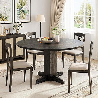 47" Round Dining Table for 4-6, Wood Kitchen Table with Sturdy Base for Dining Room