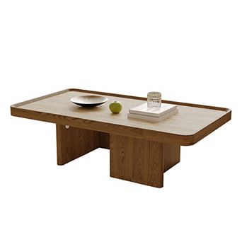 Mid-Century Modern Coffee Table with Rectangle Travertine Stone Top & Wood Legs