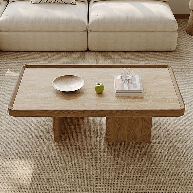 Mid-Century Modern Coffee Table with Rectangle Travertine Stone Top & Wood Legs
