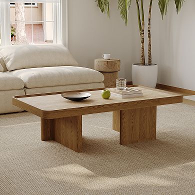 Mid-Century Modern Coffee Table with Rectangle Travertine Stone Top & Wood Legs
