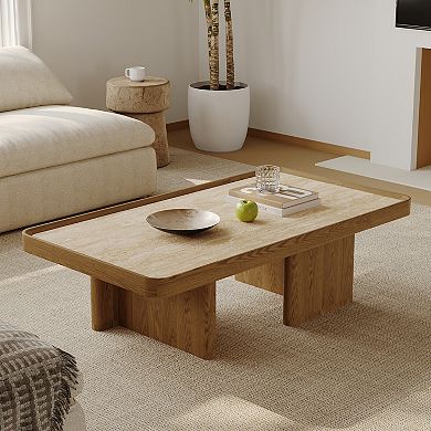 Mid-Century Modern Coffee Table with Rectangle Travertine Stone Top & Wood Legs