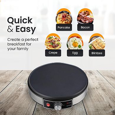 Morning Star 12" Electric Crepe Maker Nonstick Griddle, Temp Control & Wood Tools + Recipes