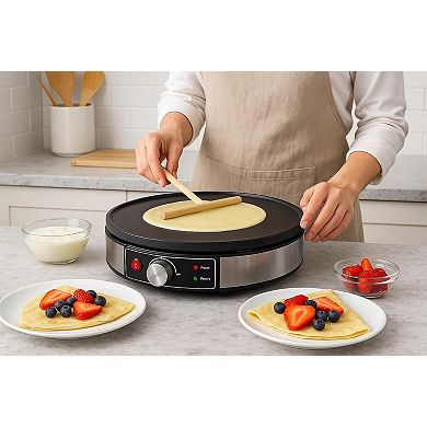 Morning Star 12" Electric Crepe Maker Nonstick Griddle, Temp Control & Wood Tools + Recipes