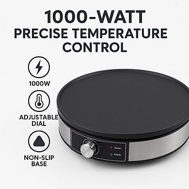 Morning Star 12" Electric Crepe Maker Nonstick Griddle, Temp Control & Wood Tools + Recipes