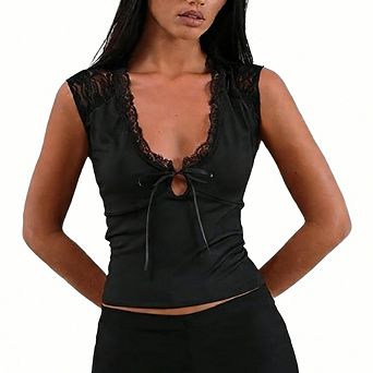 Women's Casual Lace Tank Top Sleeveless V Neck Tie Front Slim Fit Blouse Daily Date