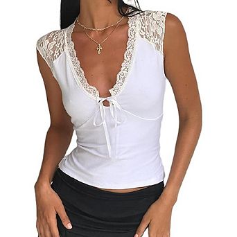 Women's Casual Lace Tank Top Sleeveless V Neck Tie Front Slim Fit Blouse Daily Date