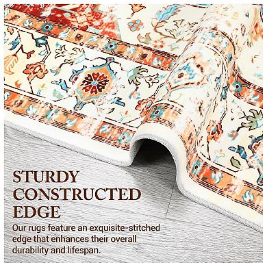 Vintage Style Area Rug Thin Washable Entryway Rug Distressed Multi Thin Carpet