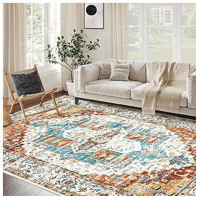 Vintage Style Area Rug Thin Washable Entryway Rug Distressed Multi Thin Carpet