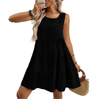 Womens Plaid Summer Dress Casual U Neck Gingham Loose Dress Cute A Line Y2K Beach Sundress