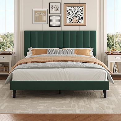 Velvet Upholstered Bed Frame with Adjustable Headboard, No Box Spring Needed