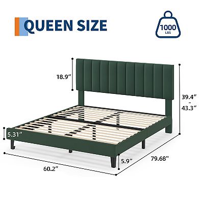 Velvet Upholstered Bed Frame with Adjustable Headboard, No Box Spring Needed