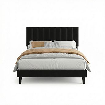 Velvet Upholstered Bed Frame with Adjustable Headboard, No Box Spring Needed
