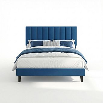 Velvet Upholstered Bed Frame with Adjustable Headboard, No Box Spring Needed