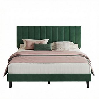 Velvet Upholstered Bed Frame with Adjustable Headboard, No Box Spring Needed