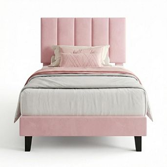 Velvet Upholstered Bed Frame with Adjustable Headboard, No Box Spring Needed
