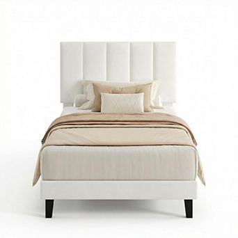 Velvet Upholstered Bed Frame with Adjustable Headboard, No Box Spring Needed