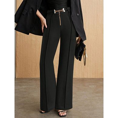 Women High Waist Straight Leg Trousers Solid Color Elegant Pants with Belt