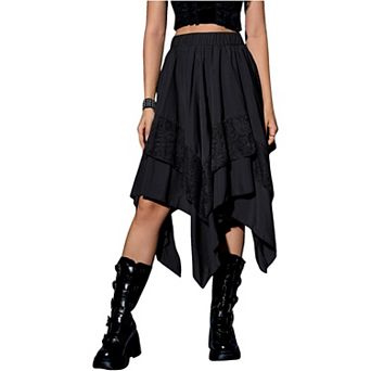 Women Midi Skirts Flowy Gothic Punk Y2K Lace Steampunk Goth Layered Asymmetrical A-Line Skirt