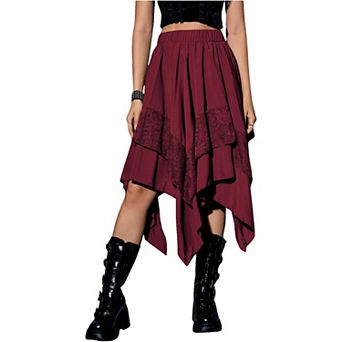 Women Midi Skirts Flowy Gothic Punk Y2K Lace Steampunk Goth Layered Asymmetrical A-Line Skirt