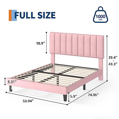 Velvet Upholstered Bed Frame with Adjustable Headboard, No Box Spring Needed