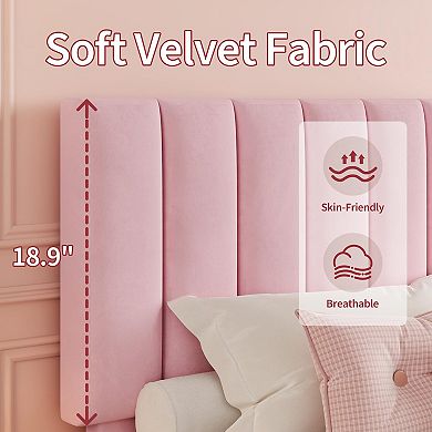 Velvet Upholstered Bed Frame with Adjustable Headboard, No Box Spring Needed