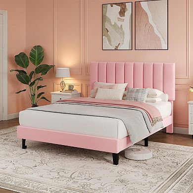 Velvet Upholstered Bed Frame with Adjustable Headboard, No Box Spring Needed