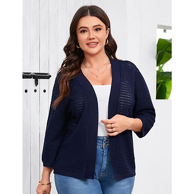 Womens Plus Size Cardigan 3/4 Length Sleeve Lightweight Casual Knitted Open Front Cardigans