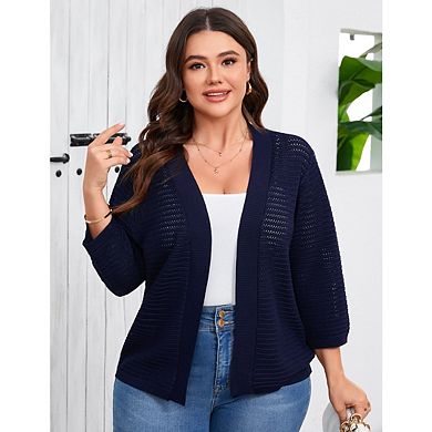 Womens Plus Size Cardigan 3/4 Length Sleeve Lightweight Casual Knitted Open Front Cardigans